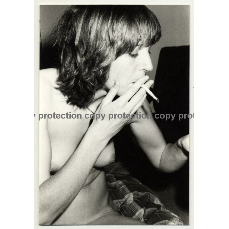 Smoking Nude Woman Sits on Bed / Small Breast (Vintage Photo DDR 1970s/1980s)