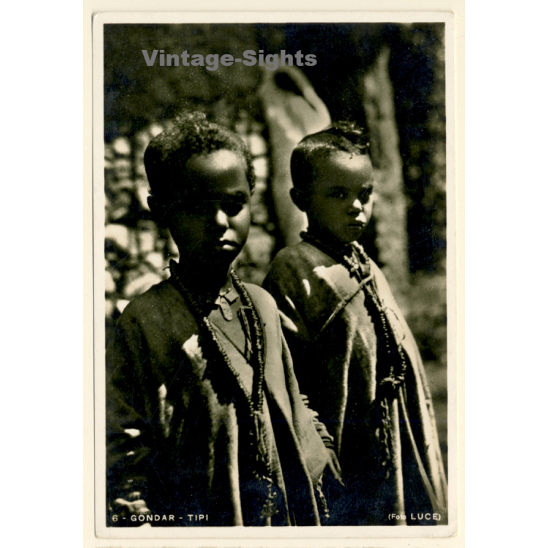 Gondar / Ethiopia: 2 Indigenous Kids In Traditional Garb / Ethnic (Vintage RPPC ~1920s/1930s)