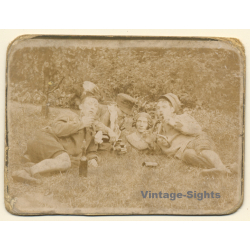 Snapshot Of 3 Men Drinking Wine With A Bust (Vintage Albumen Print ~1900s/1910s)