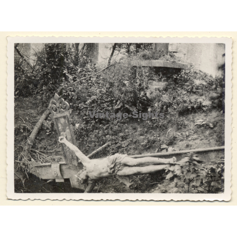Snapshot Of A Fallen Jesus On Cross On Graveyard (Vintage Photo ~1920s/1930s)