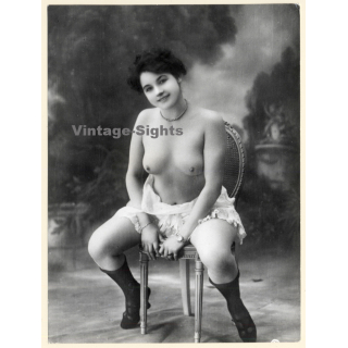1920s Erotica: Shorthaired Topless Female On Chair / Boudoir (Large Photo Reprint ~24 x 18 CM)