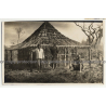 3 Native Congolese Guys In Front Wooden Cottage / Africa (Vintage Photo B/W ~1930s)