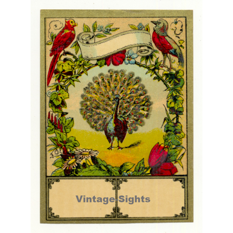 Peacock, Birds & Flowers / Art Nouveau (Vintage Chromo Litho Label ~1910/1920s)