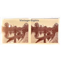 N'Djili - Kimpoko - Léopodville / Congo: Colonial Woman & Tribe Members On Dugout (Vintage Stereo Glass Plate 1934)