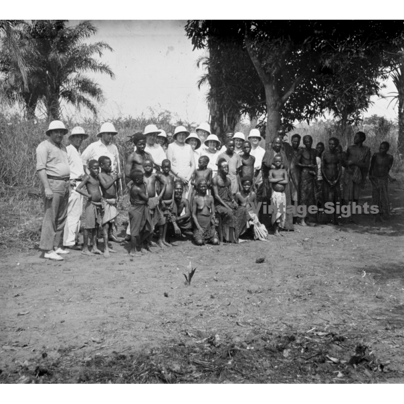 N'Djili - Kimpoko - Léopodville / Congo: Colonial Masters With Native Tribe / Ethnic (Vintage Stereo Glass Plate 1934)