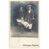Elegant Parents With Baby In Pram / Teddy Bear (Vintage RPPC ~1910s/1920s)