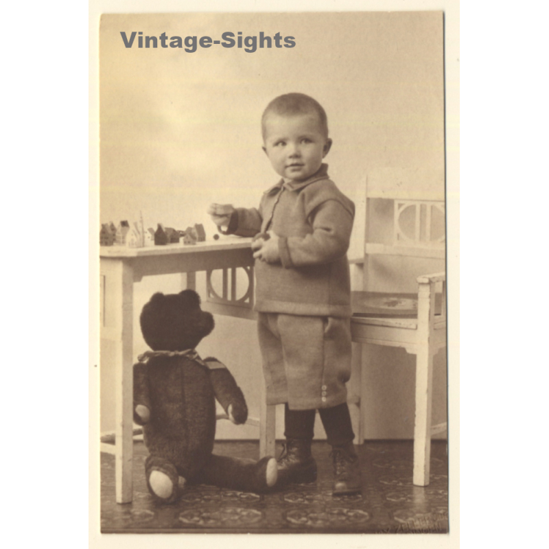 Well Dressed Little Boy & His Teddy Bear (Vintage RPPC ~1920s/1930s)