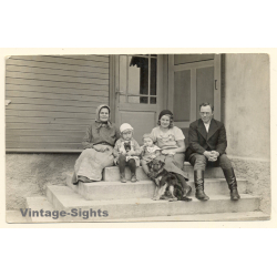 3 Generations Sitting In Front Of House / Teddy Bear - Shepherd Dog  (Vintage RPPC ~1930s/1940s)
