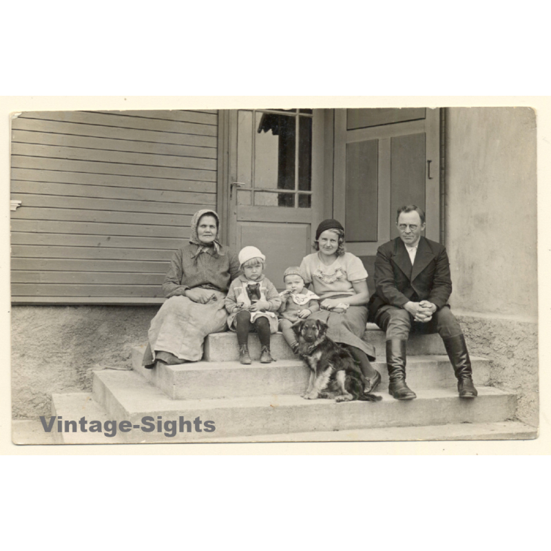 3 Generations Sitting In Front Of House / Teddy Bear - Shepherd Dog  (Vintage RPPC ~1930s/1940s)