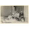 3 Generations Sitting In Front Of House / Teddy Bear - Shepherd Dog  (Vintage RPPC ~1930s/1940s)