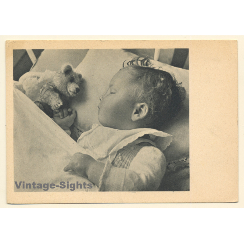 Baby Toddler Sleeping Beside His Teddy Bear (Vintage PC ~1940s/1950s)