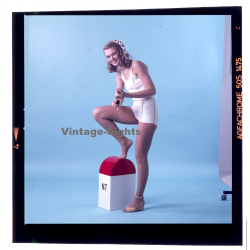 Erotic Study: Slim Blonde Pin-Up Girl Holds Up Shoe (Vintage Diapositive KORENJAK 1970s/1980s)