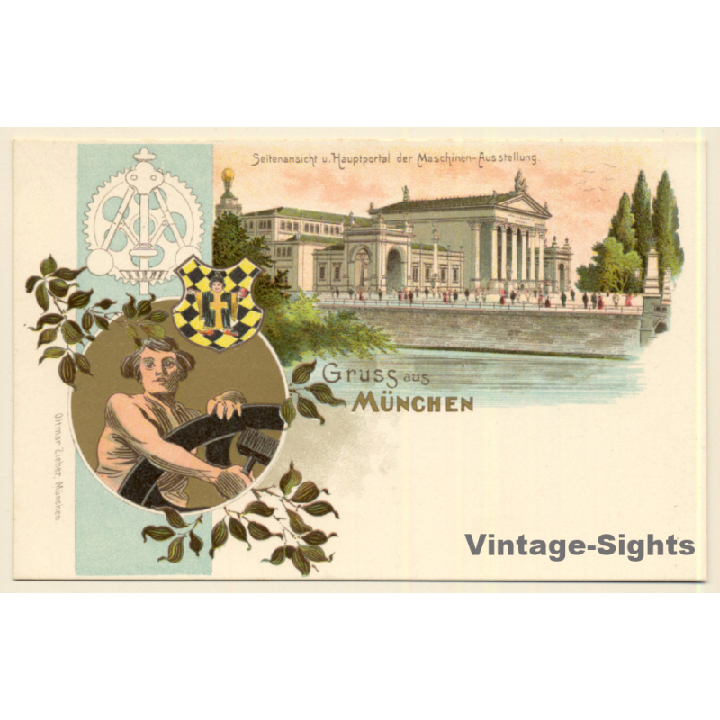 München: Maschinen-Ausstellung / Wappen (Vintage PC Litho 1890s/1900s)