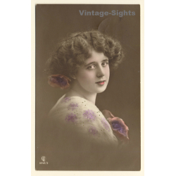 Portrait Of Young Woman With Flower In Hair / Hairstyle (Vintage Hand Colored RPPC 1912)