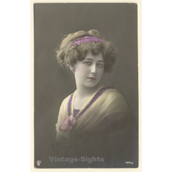 Portrait Of Pretty Young Woman With Headband / Hairstyle (Vintage Hand Colored RPPC 1912)