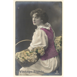 Portrait Of Woman In German Garb / Flower Baskets (Vintage Hand Colored RPPC 1912)