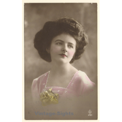 Portrait Of Woman With Elegant Hairstyle / Flower (Vintage Hand Colored RPPC 1913)