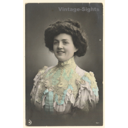 Portrait Of Woman In Spectacular Victorian Blouse (Vintage Hand Colored RPPC 1912)