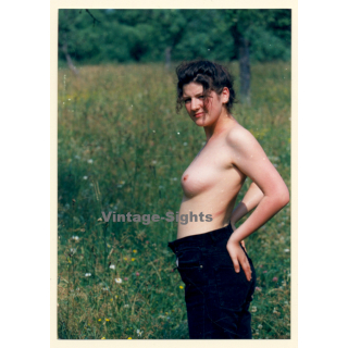 Erotic Study: Natural Topless Darkhaired Female On Meadow*4 (Vintage Photo ~1990s)