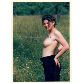 Erotic Study: Natural Topless Darkhaired Female On Meadow*6 (Vintage Photo ~1990s)