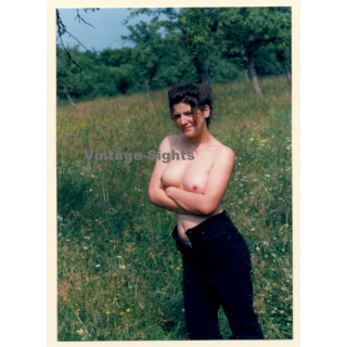 Erotic Study: Natural Topless Darkhaired Female On Meadow*8 (Vintage Photo ~1990s)