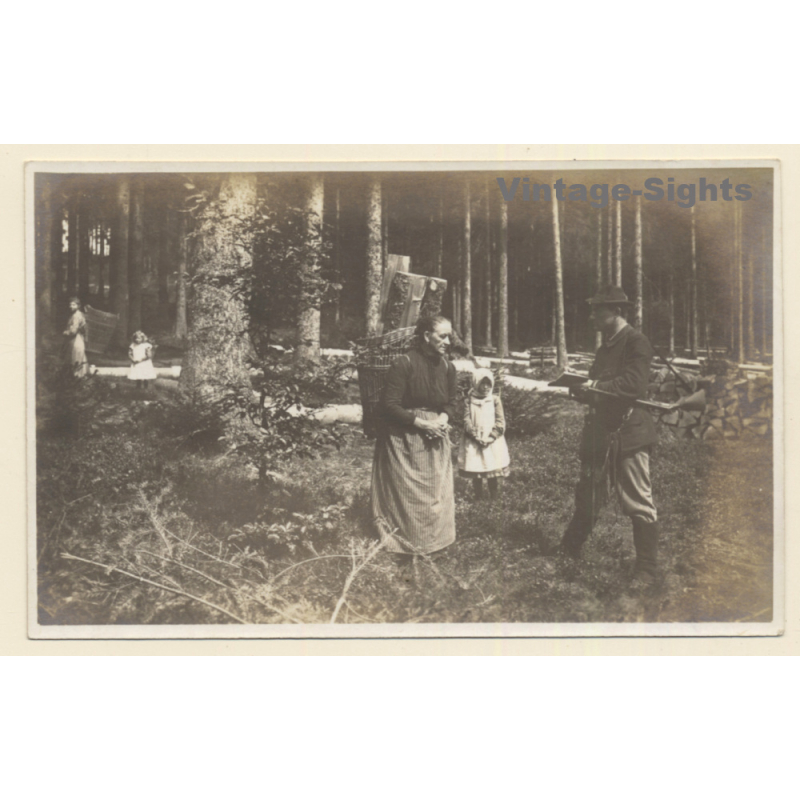 Black Forest?: Old Woman & Child Carry Lumber / Hunter (Vintage PC ~1910s/1920s)