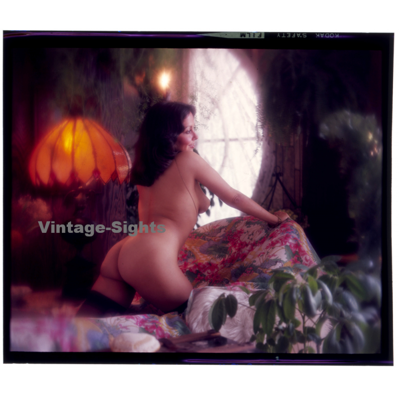 Erotic Study: Rear View Of Nude Female Kneeling On Flowered Blanket (Vintage Diapositive KORENJAK 1970s/1980s)