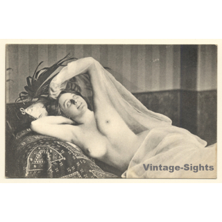 Erotic Study: Topless Woman Reclining On Chaisselongue*2 / Risqué (Vintage PC 1900s)