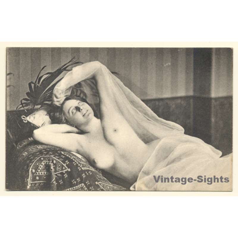 Erotic Study: Topless Woman Reclining On Chaisselongue*2 / Risqué (Vintage PC 1900s)