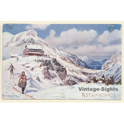 R.Reschreiter: Rotwandhaus - Berge - Skifahrer (Vintage PC 1913)