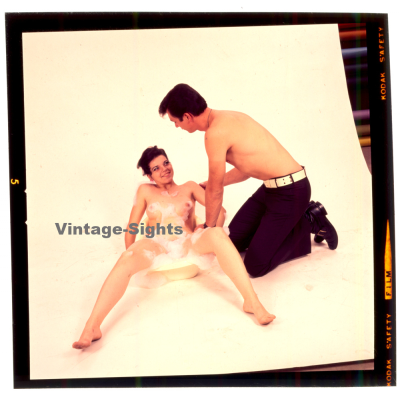 Erotic Study: Nude Female In Tiny Foam Bath / Topless Man (Vintage Diapositive KORENJAK 1970s/1980s)