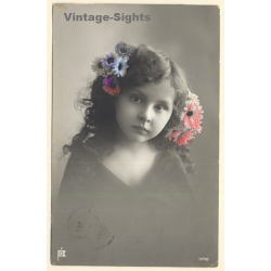 Stunning Take Of Beautiful Little Girl With Flowers In Hair (Vintage Hand Colored RPPC 1909)