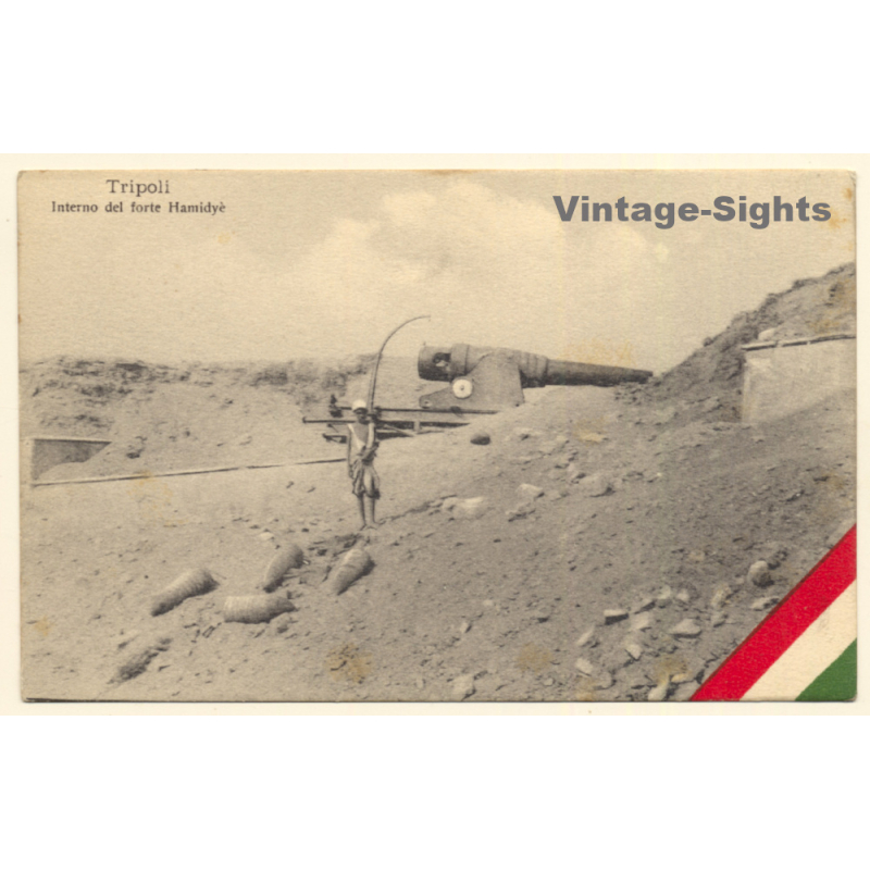 Italo-Turkish War (1911-1912): Tripoli - Inside Fort Hamidyè - Cannon (Vintage PC ~1910s) Italo-Turkish War (1911-1912): Tripoli - Inside Fort Hamidyè - Cannon (Vintage PC ~1910s)