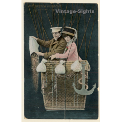 Elegant Balloonist Couple In Basket / Anker (Vintage RPPC ~1920s)
