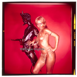 Erotic Study: Semi Nude Golden Painted Female Besides Devils Statue*2 (Vintage Diapositive KORENJAK 1970s/1980s)