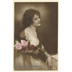 Portrait Of Young Pretty Female With Flower Bouquet (Vintage Hand Colored RPPC 1918)