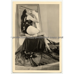 Seductive Brunette Smokes A Cigarette / Stockings (Vintage Photo B/W ~1930s)