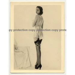 Tall Semi Nude Woman In Lingerie / Stockings - Stilettos (Vintage Photo ~1950s)