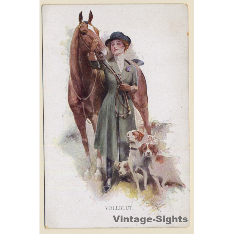 M. Munk / Wien: Elegant Lady, Horse & Dogs (Vintage PC ~1910s/1920s)