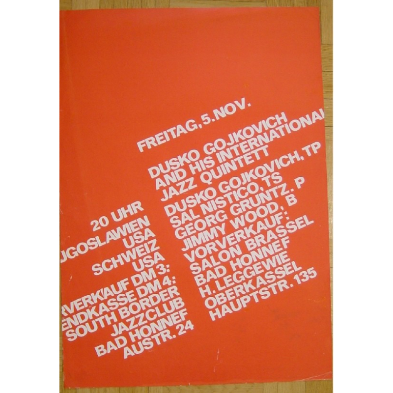 Dusko Gojkovich & His International Quintett At South Border Jazz Club (Vintage Jazz Poster)