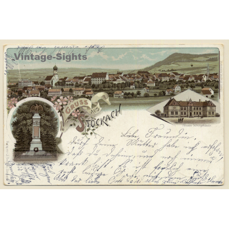 Stockach / Germany: Kriegerdenkmal - Neues Schulgebäude (Vintage PC Litho 1900s)