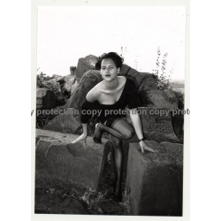 Shorthaired Beauty Climbs On Rocks / Low Neckline - Stockings (Vintage Photo DDR B/W ~1980s)