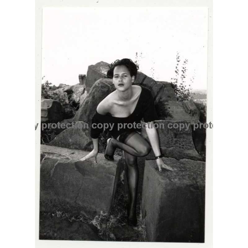 Shorthaired Beauty Climbs On Rocks / Low Neckline - Stockings (Vintage Photo DDR B/W ~1980s)