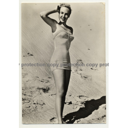 Blonde Pin Up Girl In One Pieces Swimsuit / Dunes (Vintage RPPC ~1960s)