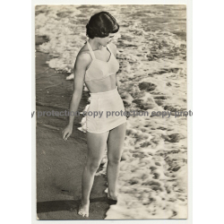 Brunette Pin Up Girl In The Surf / Two Piece Swimsuit (Vintage RPPC ~1960s)