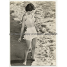 Brunette Pin Up Girl In The Surf / Two Piece Swimsuit (Vintage RPPC ~1960s)