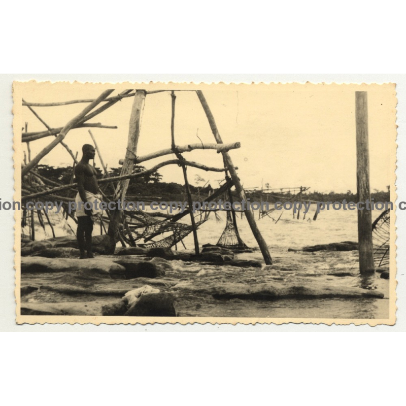 Congo / Africa: Fisherman At Stanley Falls / Fish Trap (Vintage RPPC B/W ~1920s/1930s)