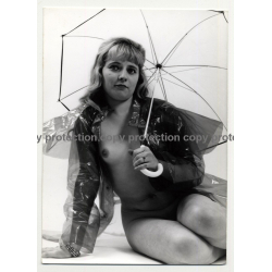 Sweet Blonde Nude In Transparent Raincoat / Umbrella (Vintage Photo B/W ~1960s)