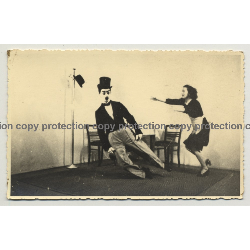 Charlie Chaplin Puppet? And Maid / Theater Scene (Vintage RPPC Agfa ~ 1950s)