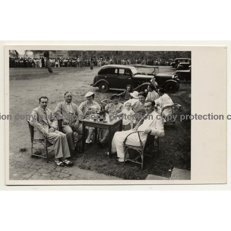 Congo / Africa: Colonial High Society At Picnic / Oldtimers (Vintage RPPC B/W ~1930s) Congo / Africa: Colonial High Society At Picnic / Oldtimers (Vintage RPPC B/W ~1930s)
